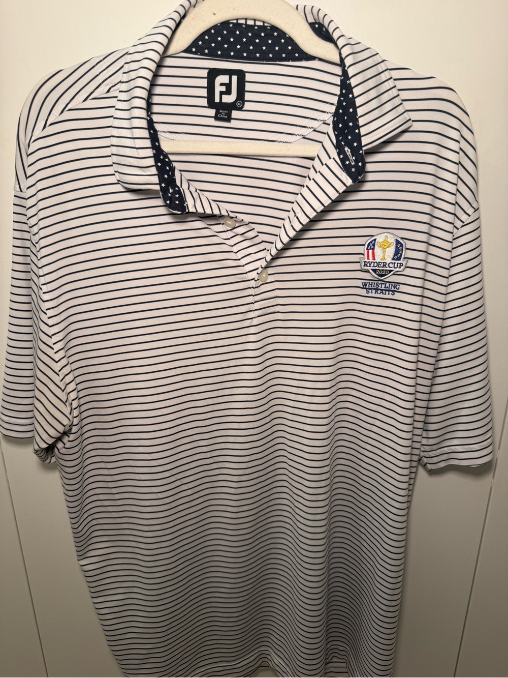 FootJoy Striped Polo with Star-Print Inner Collar - White & Navy
